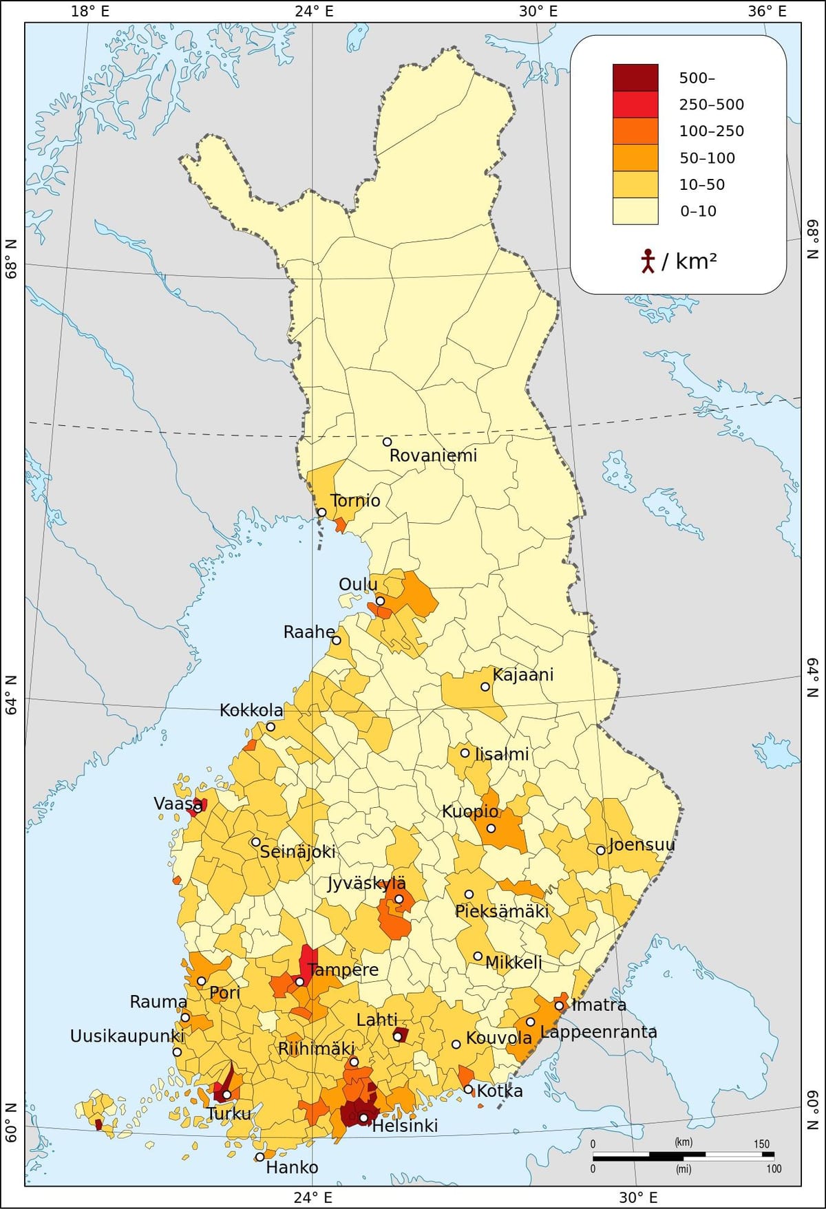 Finland befolkningstetthet kart